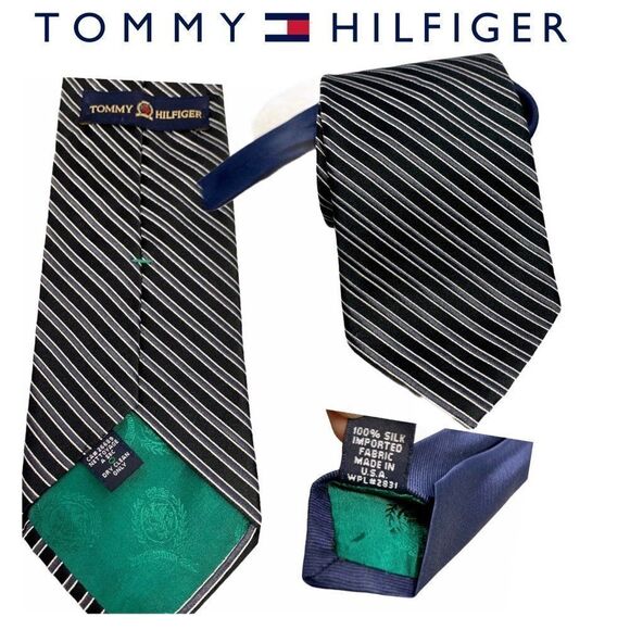 NWOT Tommy Hilfiger black striped 100% silk tie - Picture 5 of 5